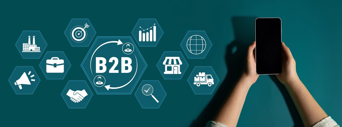 A dynamic composition showcasing a person holding a smartphone, surrounded by icons symbolizing B2B concepts related to growth, communication, and market strategies.